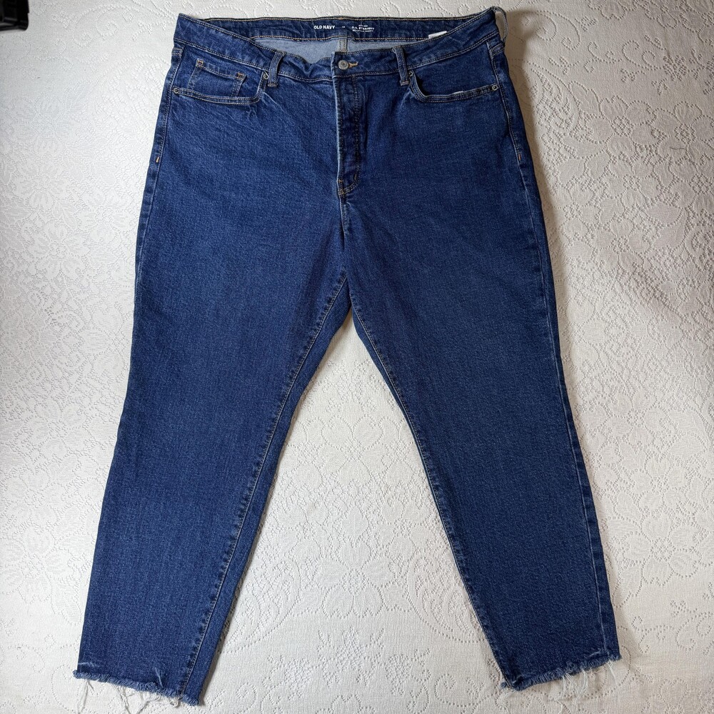 Old Navy OG Straight Jeans Womens 18 Blue High Rise Raw Hem Stretch Denim